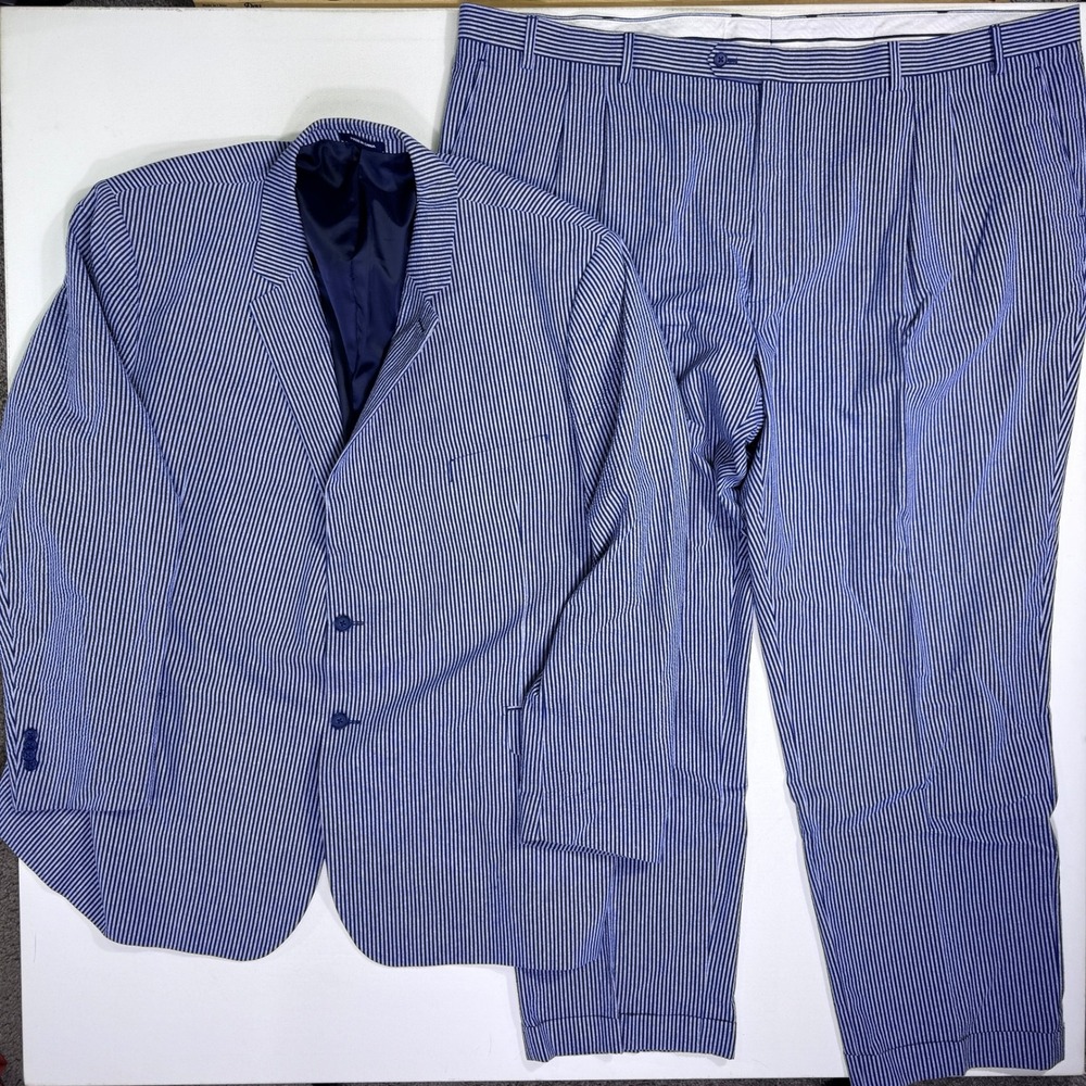 Paul Fredrick Mens 56L 54x33 Seersucker Suit Blue White Striped Classic Fit 2pc
